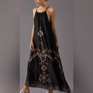 NWT By Anthropologie Embroidered Halter Maxi Dress Black Size M Hidden Pockets